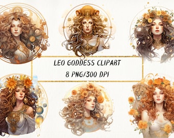 Leo Goddess Clipart: Zodiac PNG-bundel (commercieel gebruik)