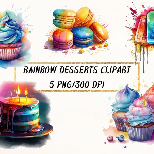 Watercolor Rainbow Desserts Clipart, Cakes, Ice Cream, Happy Birthday Cake, PNG Transparent Backgrounds for Commercial Use