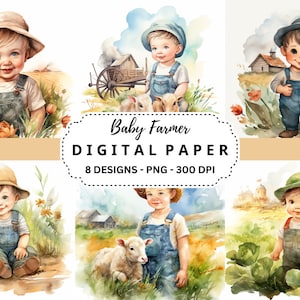 Watercolor Baby Farmer Backgrounds, High Quality Digital Paper, Digital Download, Watercolor Clipart, Card Making, Commercial Use