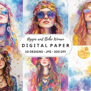Pacote de clipart de mulher hippie e boho, fundos de aquarela, imagens de alta qualidade para diário de lixo, scrapbooking, artesanato, arquivos digitais JPGs