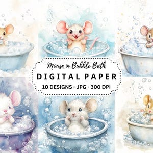 Paquete de ilustraciones de ratón en un baño de burbujas, 10 fondos de acuarela en formato JPG de alta calidad para diarios basura, manualidades digitales y álbumes de recortes