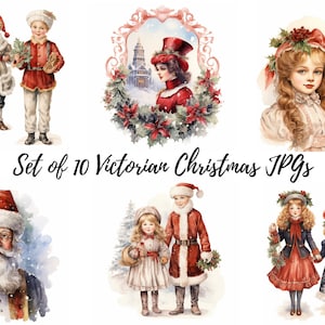 Clipart di Natale vittoriano ad acquerello, pacchetto di illustrazioni JPG di alta qualità, artigianato in carta digitale, scrapbooking, creazione di cartoline, diari