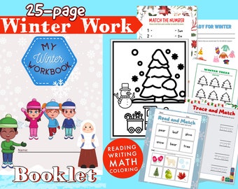 Puede incluir: Un libro de trabajo de invierno de 25 páginas para niños. La portada presenta una ilustración colorida de niños jugando en la nieve. El título "Mi libro de trabajo de invierno" se muestra en un hexágono azul. El libro de trabajo incluye actividades como lectura, escritura, matemáticas y colorear.