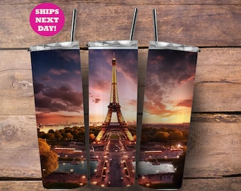 Eiffel Tower at Night Tumbler: Paris Vacation Gift, 20oz Skinny Tumbler