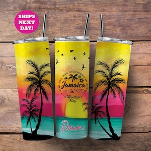 Jamaica vacation tumbler with name and metal straw, Jamaica trip gift with name, Jamaica trip tumbler, Montego Bay vacation cup