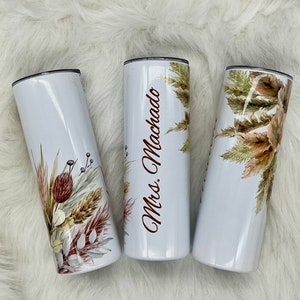 Boho bridal tumblers with name, custom bridesmaids cups, custom boho wedding gift, boho Mrs. tumbler with flowers