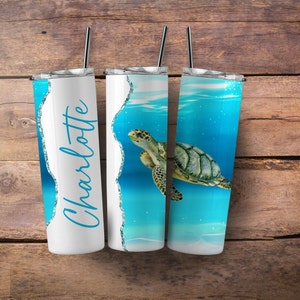 Custom Sea turtle tumbler with metal straw, sea life gift, personalized turtle cup, custom beach life gift, custom turtle tumbler with name