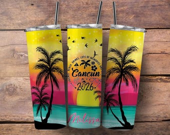 Personalized Cancun, Jamaica, Punta Cana or Cabo Vacation Tumbler: Stainless Steel Travel Cup with Straw