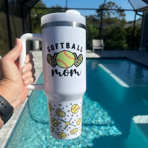 40oz stainless steel Softball Mom tumbler with handle and straw, Softball tumbler, Softball 40oz tumbler with handle, Sublimated tumbler