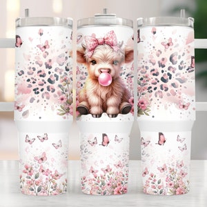 40 & 30oz stainless steel Pink Highland cow tumbler with handle and straw, Highland Cow tumbler, Cow 40oz tumbler with handle, Pink Cow gift