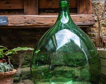XXL Dame Jeanne 54L bouteille italienne vintage vert intense XIXème siècle, antique Dame Jeanne