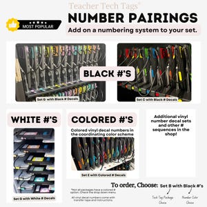 May include: Teacher Tech Tags Number Pairings vinyl decal sets for electronic devices. Includes black, white, and coloured number options for organisation. Features images of charging carts with numbered devices and text instructions for ordering.