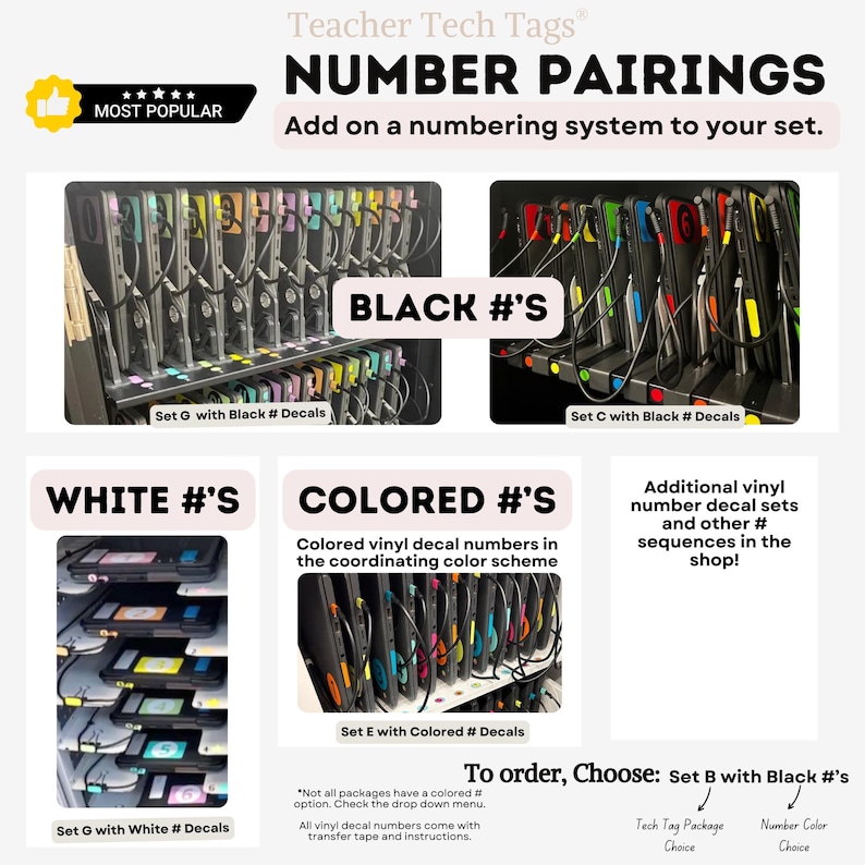 May include: Teacher Tech Tags Number Pairings vinyl decal sets for electronic devices. Includes black, white, and coloured number options for organisation. Features images of charging carts with numbered devices and text instructions for ordering.