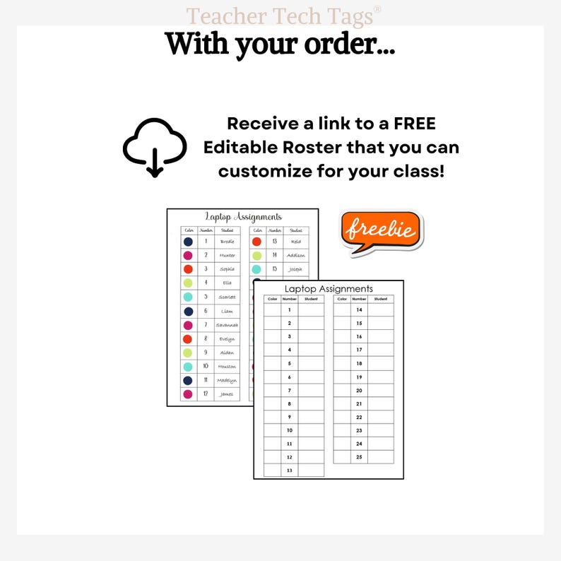 Pu&ograve; includere: Una grafica digitale con il testo Teacher Tech Tags e With your order. Include un'icona di download, testo su un registro modificabile gratuito e due tabelle Laptop Assignments con colonne per colore, numero e nome dello studente.