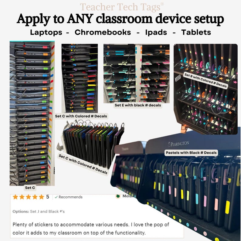 Pu&ograve; includere: Teacher Tech Tags per la gestione dei dispositivi in classe. L'immagine mostra vari set di adesivi numerati colorati applicati su laptop, Chromebook, iPad e tablet riposti in carrelli di ricarica. Il testo include 'Apply to ANY classroom device setup', 'Laptops - Chromebooks - Ipads - Tablets' e recensioni dei clienti.