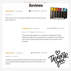 Pu&ograve; includere: Una grafica digitale che mostra le recensioni dei clienti per Teacher Tech Tags. L'immagine presenta tre recensioni a cinque stelle, una miniatura del prodotto etichettata come Set D- Sunburst con etichette rettangolari colorate e un testo Thank you scritto a mano.