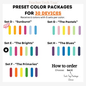 Pu&ograve; includere: Un grafico digitale intitolato Teacher Tech Tags Preset Color Packages for 30 Devices. Mostra cinque set di colori etichettati D, E, F, G e H, ciascuno contenente sei barre verticali arrotondate in vari colori. Sono incluse le istruzioni per l'ordine.