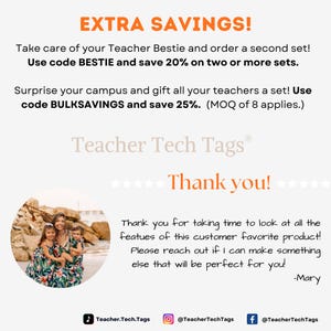 Pu&ograve; includere: Una grafica promozionale con il testo EXTRA SAVINGS, Teacher Tech Tags e Thank you. Include una fotografia circolare di una persona con due bambini su una spiaggia, che indossano abiti floreali abbinati, e i social media in basso.