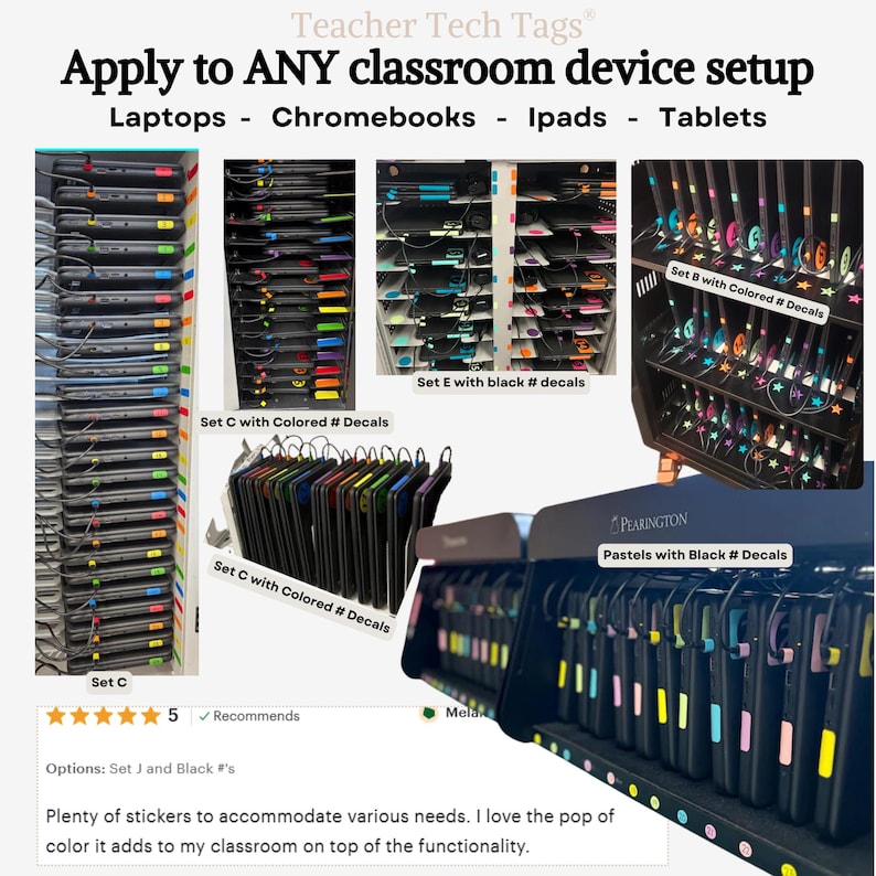 May include: Teacher Tech Tags for classroom device management. The image displays various sets of colourful number decals applied to laptops, Chromebooks, iPads, and tablets stored in charging carts. Text includes 'Apply to ANY classroom device setup', 'Laptops - Chromebooks - Ipads - Tablets', and customer review snippets.