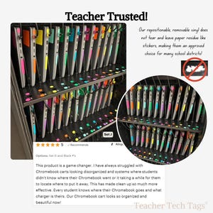 May include: A set of colourful, removable vinyl labels applied to the edges of multiple laptops stored in a charging cart. The labels feature various bright colours and numbers to help organise devices. Text includes Teacher Trusted and Teacher Tech Tags.