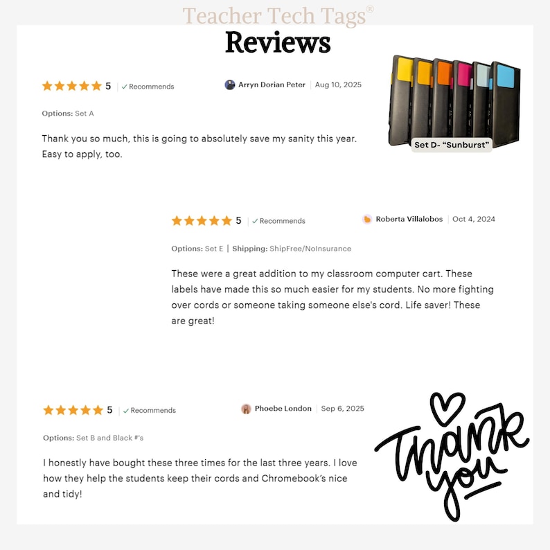 May include: A digital graphic displaying customer reviews for Teacher Tech Tags. The image features three five-star reviews, a product thumbnail labelled Set D- Sunburst showing colourful rectangular tags, and a handwritten-style Thank you text.