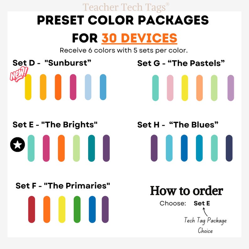 May include: A digital graphic titled Teacher Tech Tags Preset Colour Packages for 30 Devices. It displays five colour sets labelled D, E, F, G, and H, each containing six vertical rounded bars in various colours. Instructions for ordering are included.