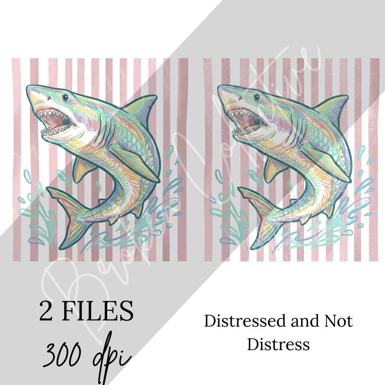 May include: Two colorful shark illustrations with open mouths and water splashes against a pink and white striped background. The image includes the text "2 FILES", "300 dpi", and "Distressed and Not Distress".