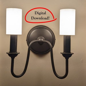 May include: Black metal wall sconce with two white frosted glass shades. The sconce has a curved design and is mounted on a wall. The text "Digital Download!" is written in red on a white background.