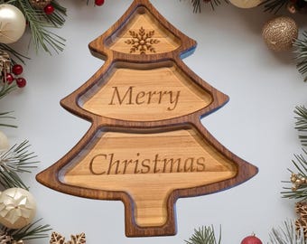 Christmas Tree Bamboo Serving Tray – 11" x 9" | Three Sections | Holiday Host Gift