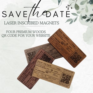 May include: Four wooden save the date magnets shaped like boarding passes. Each magnet features a unique wood grain pattern and a QR code. The text on the magnets reads "Save the Date", "Ross & Rachel", "Married", "14 June 2025", "TBD", "Gate", "Seat", "Flight", and "For more info".