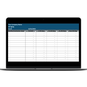 May include: A laptop screen displaying a spreadsheet with the title "AP Aging" and columns for "Vendor/Contractor Name", "Current", "1-30 Days", "31-60 Days", "61-90 Days", and "Over 90 Days". The spreadsheet is dated 12/31/2021.