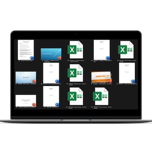 Puede incluir: Una pantalla de computadora portátil que muestra una carpeta con varios archivos, incluidos documentos, hojas de cálculo y presentaciones. Los archivos están etiquetados con nombres de empresas y títulos, como "Folleto de muestra de la empresa" y "Tabla de ganancias humanas".