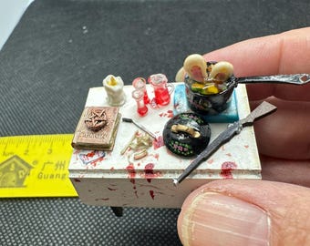 Bunny Boiler Dollhouse Table: 1/24 Scale Miniature Gory Scene