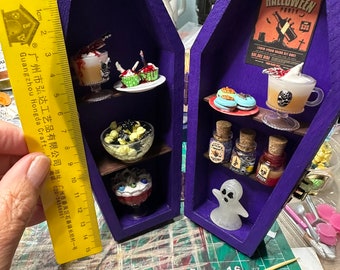 Halloween Party coffin display shelves, filled, handmade items