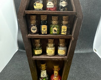 Small coffin shaped potions & ingredients shelves. Handmade OOAK. Halloween