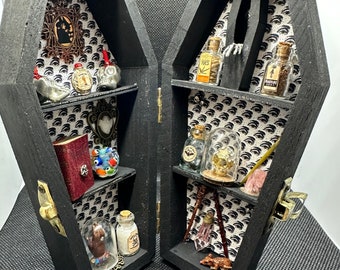 Halloween coffin display shelves miniature,  filled, handmade items and some glow in the dark