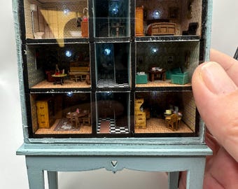 1:144 144th scale Dollshouse in open cabinet style - furnished, lit, OOAK