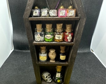 Small coffin shaped potions & ingredients shelves. Handmade OOAK. Halloween