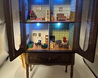 1/12th scale cabinet converted to a dollshouse for your dollhouse - furnished and lit