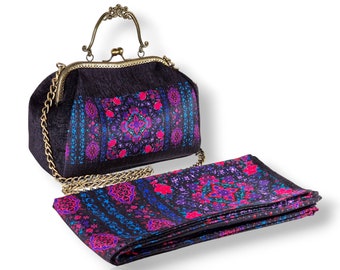 Vintage Persian bag with elegant handle and bronze chain and matching square scarf with a beautiful floral design with &quot;tazhib&quot; motifs.
