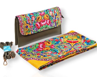 Green synthetic leather handbag and matching square scarf, inspired by the floral tiles of the Persian Palace of Golestan.