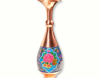 Hand-decorated copper vase with a Persian miniature band enamelled with a beautiful "Gol o Morgh" design (the flower and the bird).