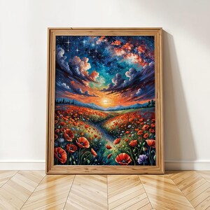 Verträumter Sternenhimmel und Mohnblumenfeld Kunst | Surreale Fantasy Sonnenuntergang Landschaft | Digitaler Download druckbares Poster