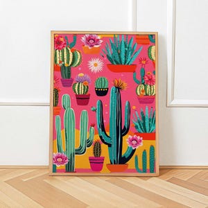 Lebendiger Kaktus Wand-Kunstdruck - Maximalistisches abstraktes Kakteen-Poster, naive Kunst des Südwestens, botanische Illustration, digitaler Download