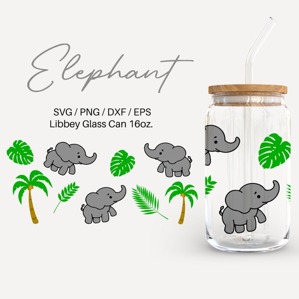 Elephant Glass can | 16 oz Libbey Glass can | Glass can cup wrap | Svg Files for Cricut & Silhouette Cameo | Glassware svg