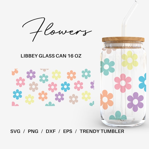 Pastel Flowers Glass can | 16 oz Libbey Glass can | Glass can cup wrap | Svg Files for Cricut & Silhouette Cameo | Glassware svg