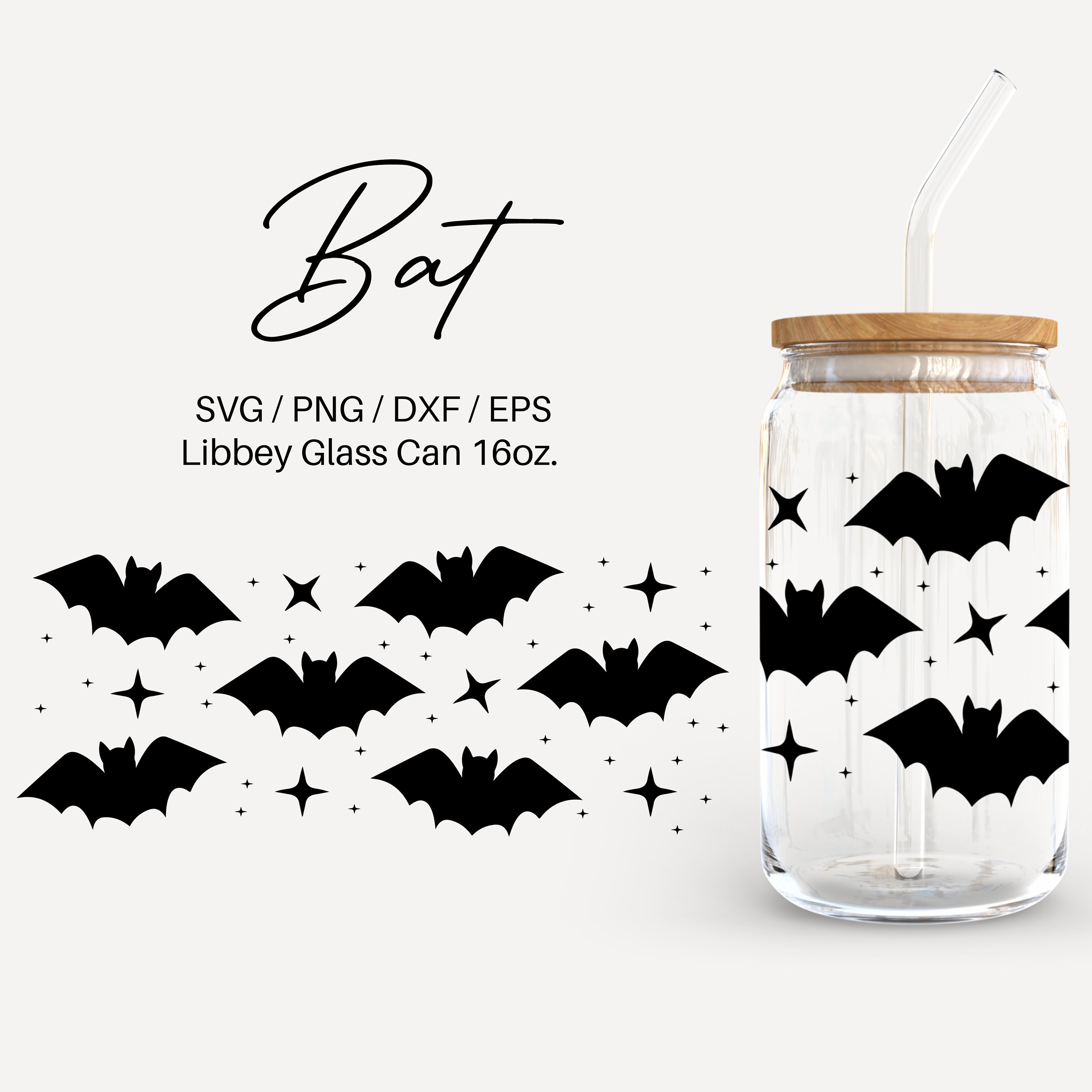 Halloween Glass Can, Black Bat Potions, Straw and Lid Included