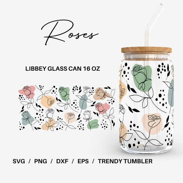 Boho Roses Glass can | 16 oz Libbey Glass can | Glass can cup wrap | Svg Files for Cricut & Silhouette Cameo | Glassware svg