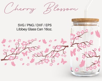 Cherry Blossom - 16oz Glass Can svg, Libbey Glass Can Wrap, svg Files for Cricut & Silhouette Cameo, Glassware svg