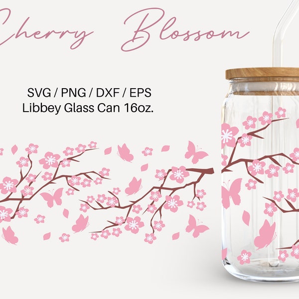 Cherry Blossom - 16oz Glass Can svg, Libbey Glass Can Wrap, svg Files for Cricut & Silhouette Cameo, Glassware svg